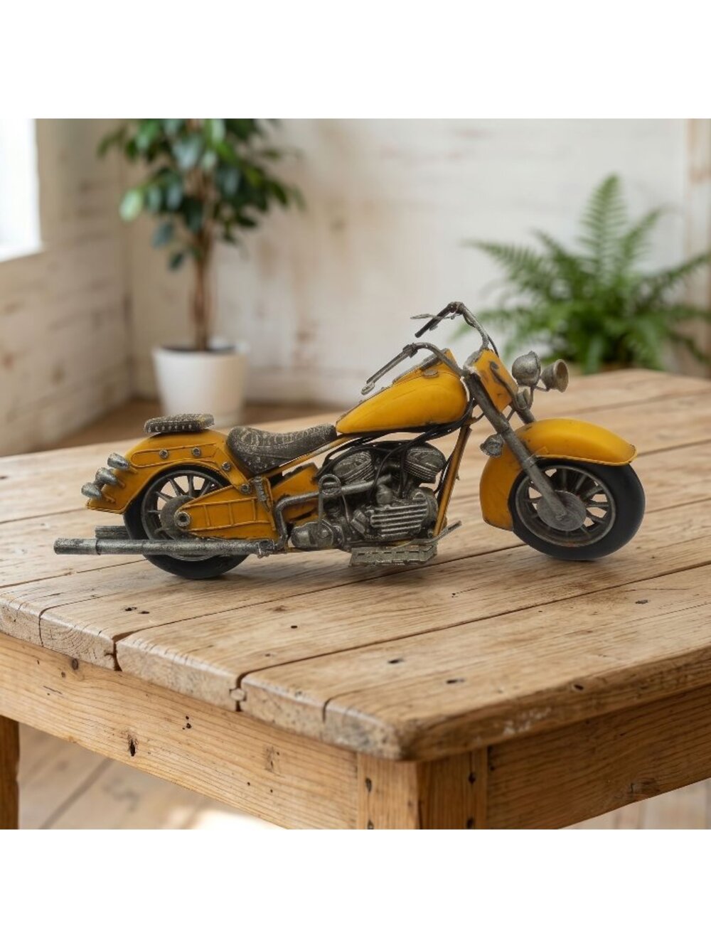 Metal Motorcycle Yellow Cruiser Motorbike Sculpture Decor 11"